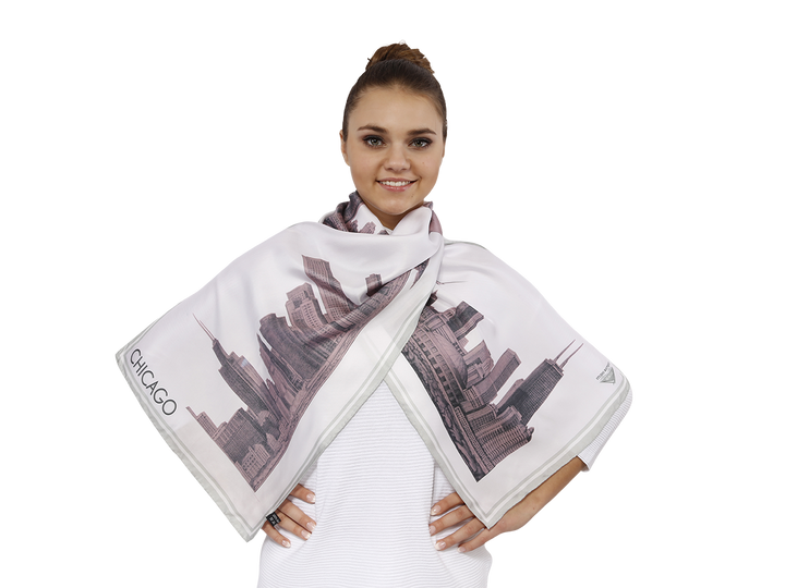 Chicago Luxury Designer Gifts Of Chicago Skyline Art Illustration Pure Silk Scarves Pink White by Alesia Chaika Alesia C. Chicago Fashion Designer Artist