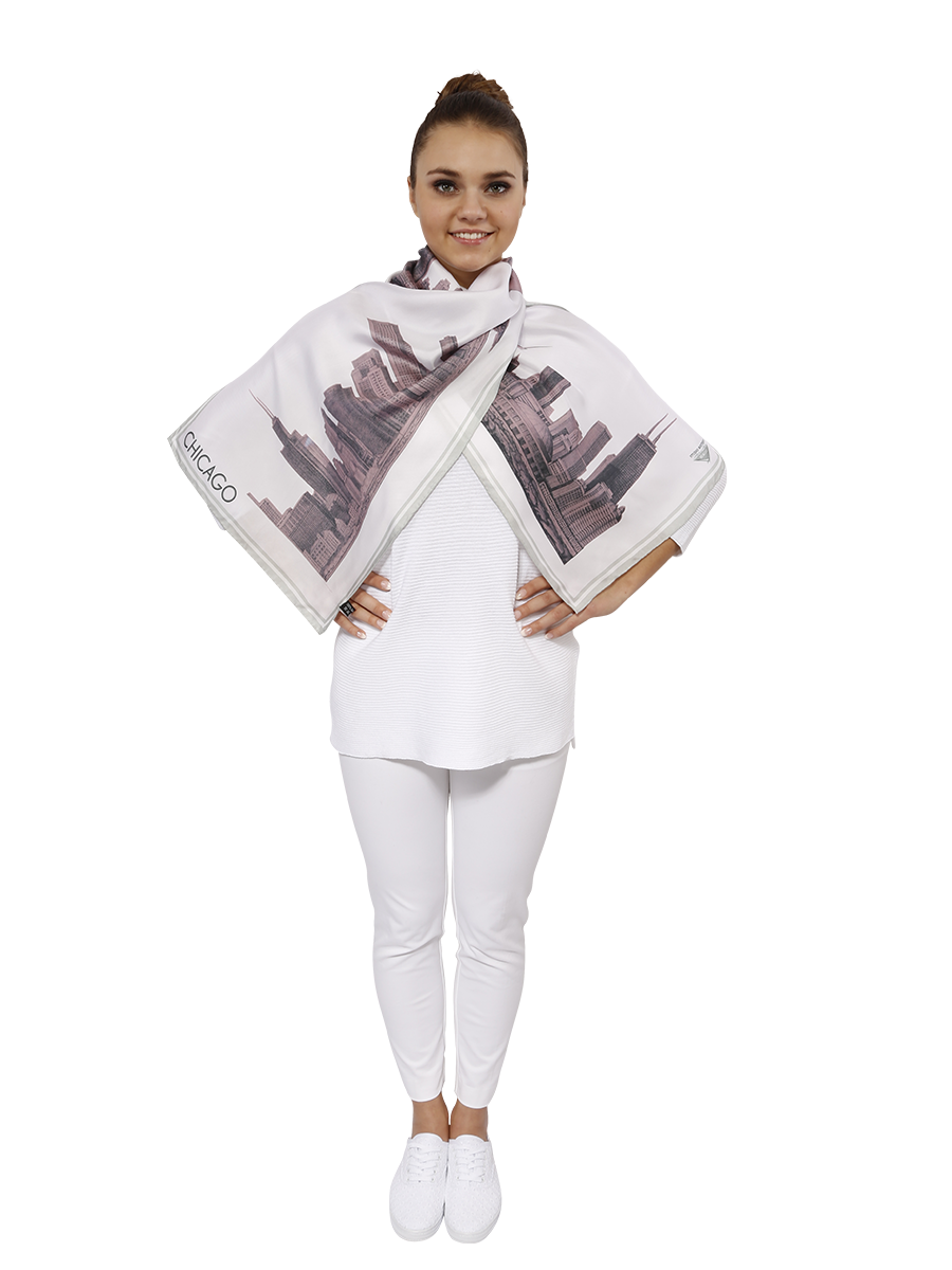 Chicago Luxury Designer Gifts Of Chicago Skyline Art Illustration Pure Silk Scarves Pink White by Alesia Chaika Alesia C. Chicago Fashion Designer Artist