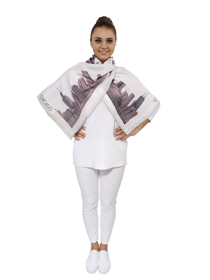 Chicago Luxury Designer Gifts Of Chicago Skyline Art Illustration Pure Silk Scarves Pink White by Alesia Chaika Alesia C. Chicago Fashion Designer Artist