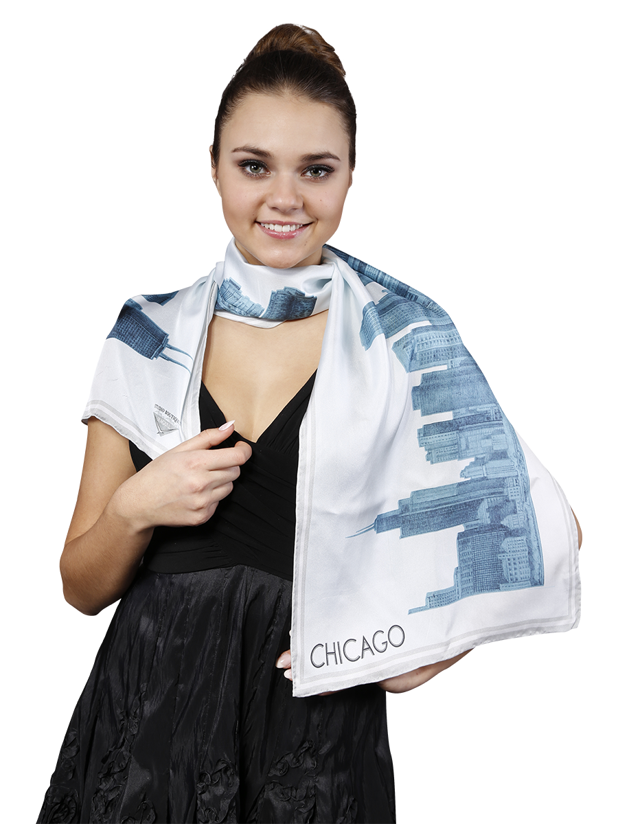 How To Wear Silk Scarf With Scarf Ring Chicago Skyline Corporate Gift Pencil Illustration Wearable Art Souvenir by Alesia Chaika Fashion Designer
