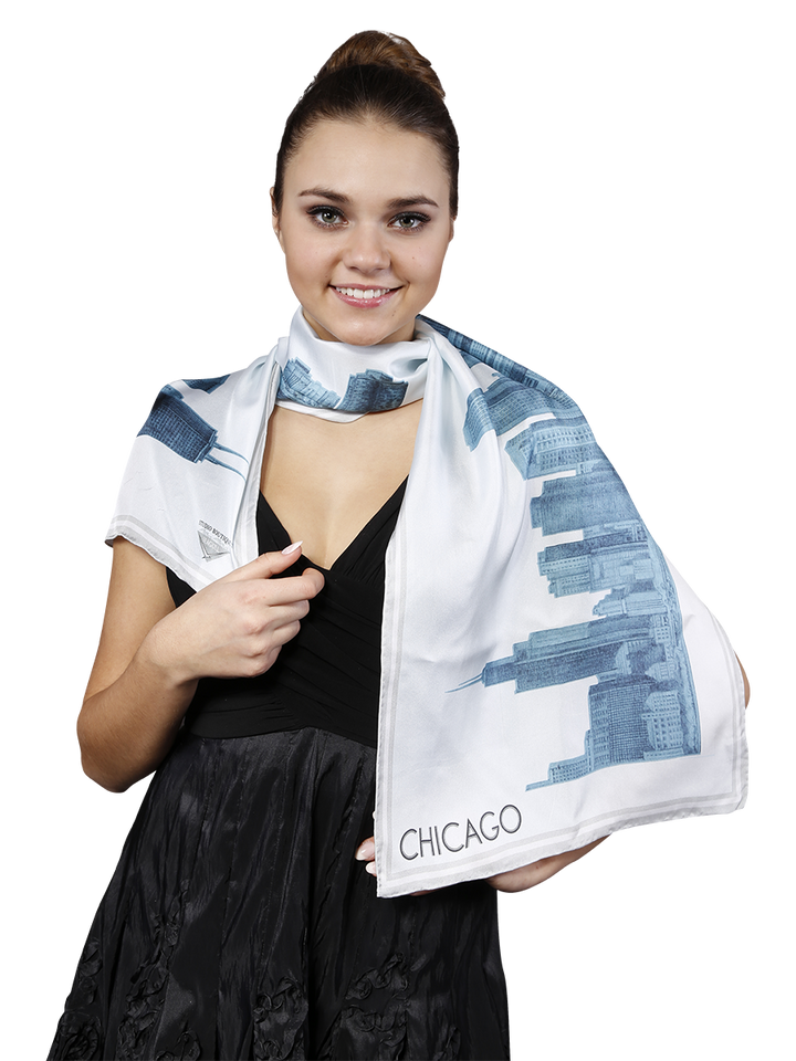 How To Wear Silk Scarf With Scarf Ring Chicago Skyline Corporate Gift Pencil Illustration Wearable Art Souvenir by Alesia Chaika Fashion Designer