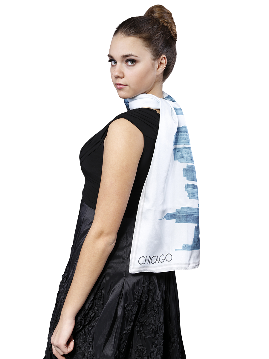 How To Wear Silk Scarf With Scarf Ring Chicago Skyline Corporate Gift Pencil Illustration Wearable Art Souvenir by Alesia Chaika Fashion Designer