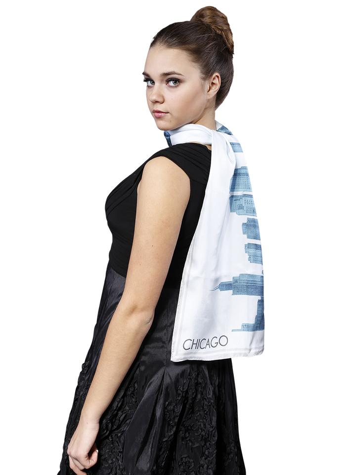 How To Wear Silk Scarf With Scarf Ring Chicago Skyline Corporate Gift Pencil Illustration Wearable Art Souvenir by Alesia Chaika Fashion Designer