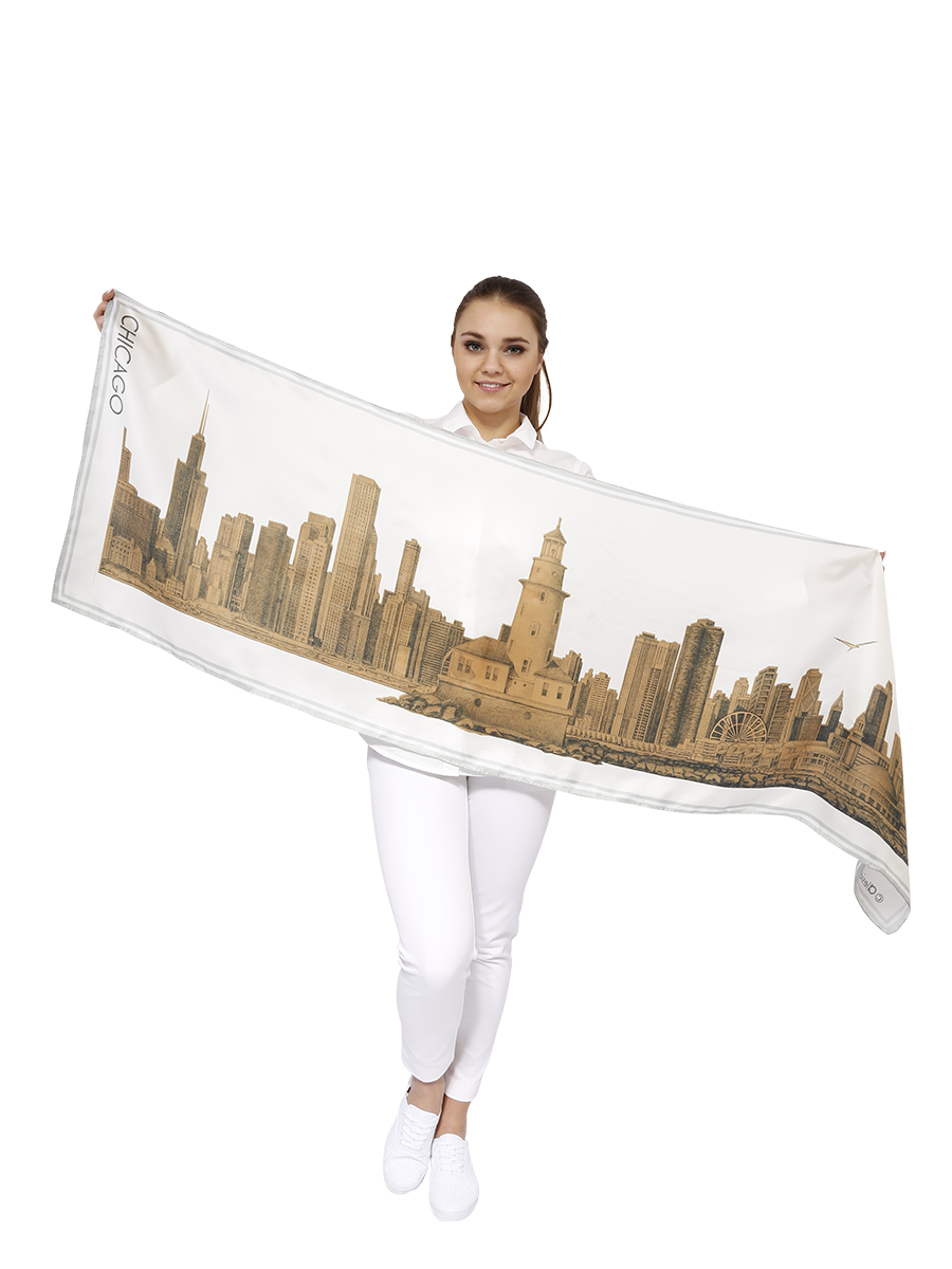 White Gold City of Chicago Skyline Art 100% Silk Twill Scarf by Alesia Chaika Chicago Artist Fashion Designer