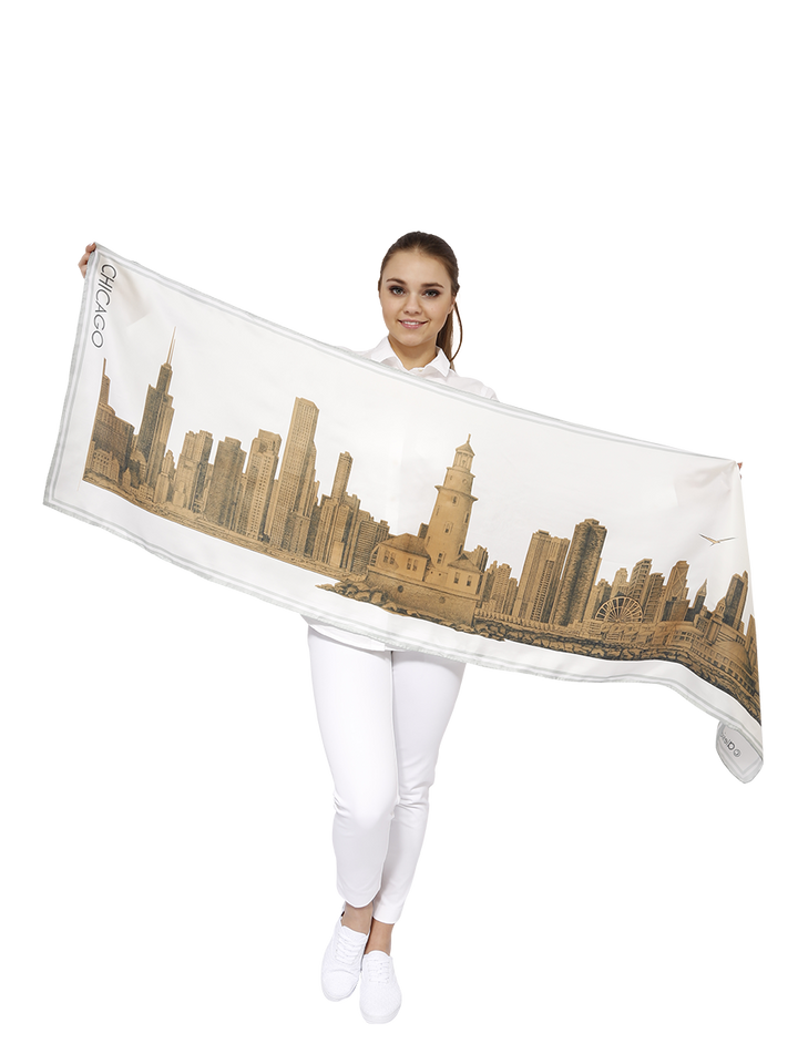 White Gold City of Chicago Skyline Art 100% Silk Twill Scarf by Alesia Chaika Chicago Artist Fashion Designer