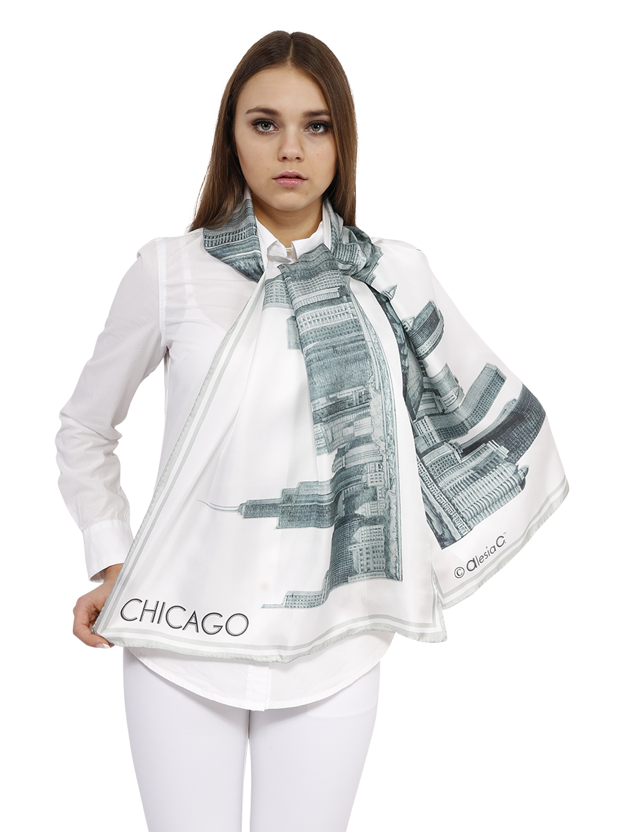 Chicago Skyline Art Luxury Souvenir 100% Silk Scarf Unique Gift Corporate Gift Pencil Illustration Art City Of Chicago by Alesia C. Peter Koutun Photography