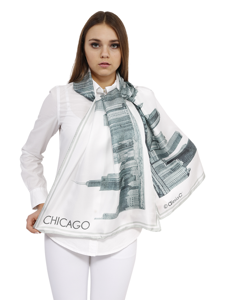 Chicago Skyline Art Luxury Souvenir 100% Silk Scarf Unique Gift Corporate Gift Pencil Illustration Art City Of Chicago by Alesia C. Peter Koutun Photography