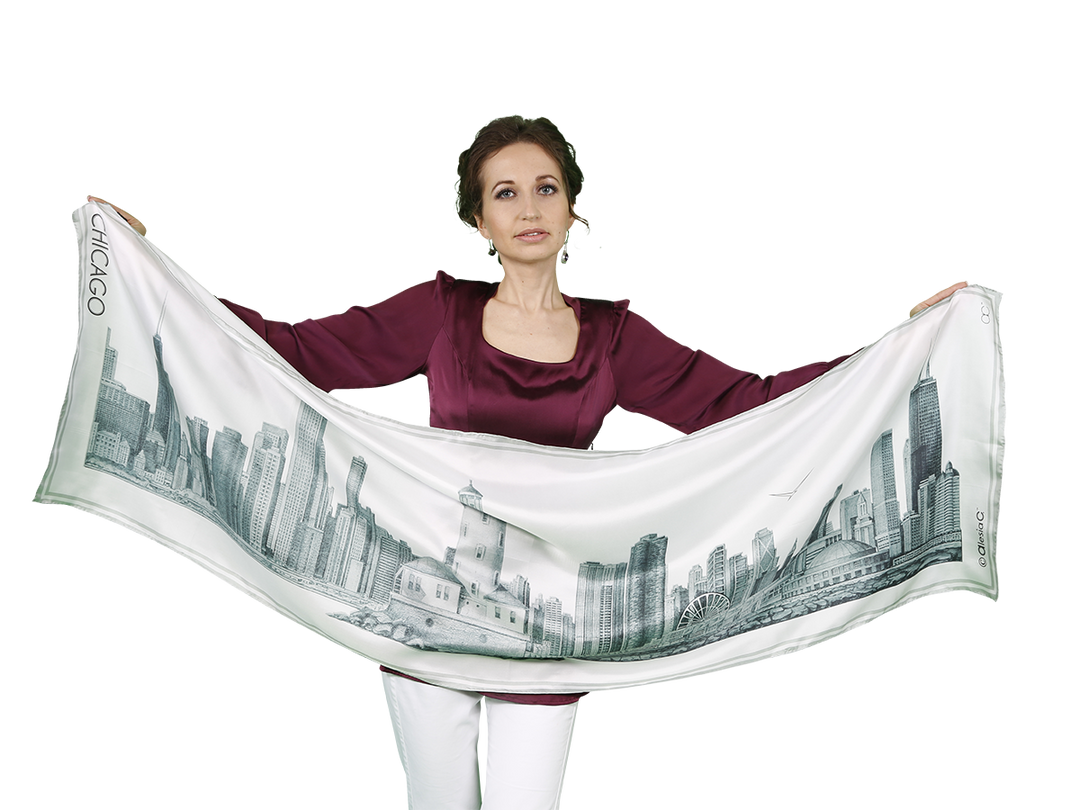 Chicago Skyline Art Luxury Souvenir 100% Silk Scarf Unique Gift Corporate Gift Pencil Illustration Art City Of Chicago by Alesia C. Peter Koutun Photography