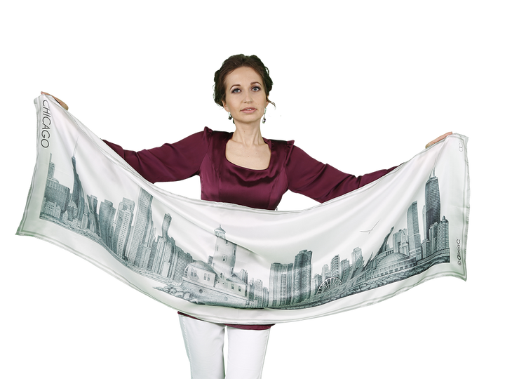 Chicago Skyline Art Luxury Souvenir 100% Silk Scarf Unique Gift Corporate Gift Pencil Illustration Art City Of Chicago by Alesia C. Peter Koutun Photography