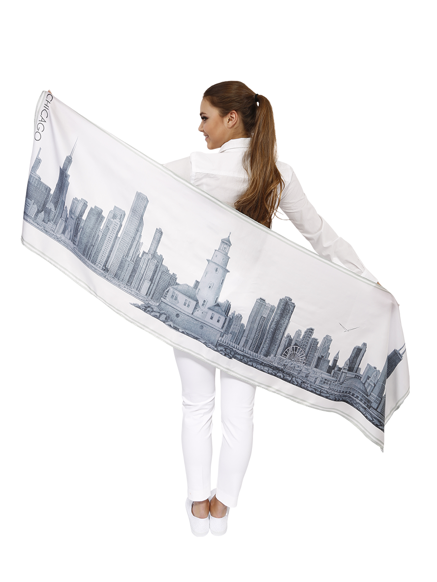 City Of Chicago Skyline Pure Silk Luxury Scarf Art of Chicago Pencil Illustration by Alesia Chaika