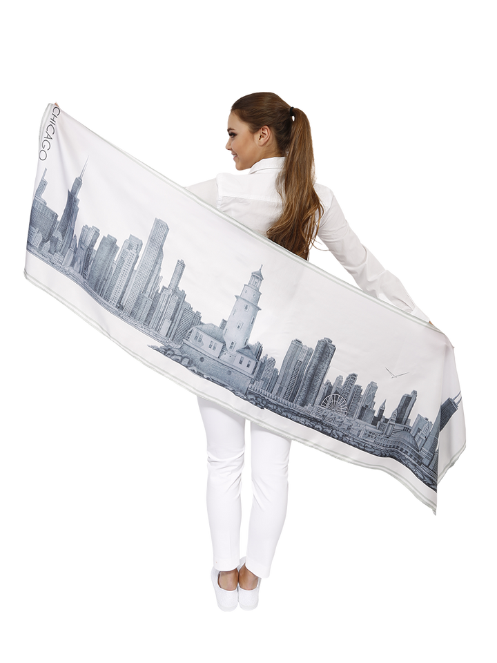 City Of Chicago Skyline Pure Silk Luxury Scarf Art of Chicago Pencil Illustration by Alesia Chaika