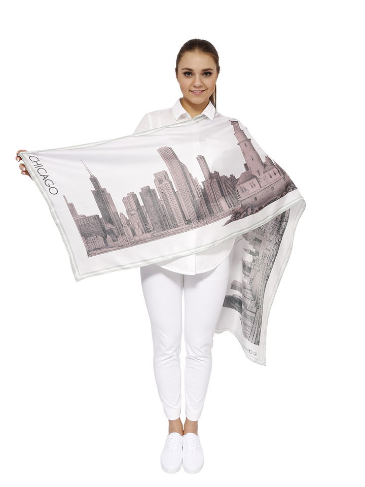 CHICAGO Skyline Art 100% Silk Stole Scarf in Blush White