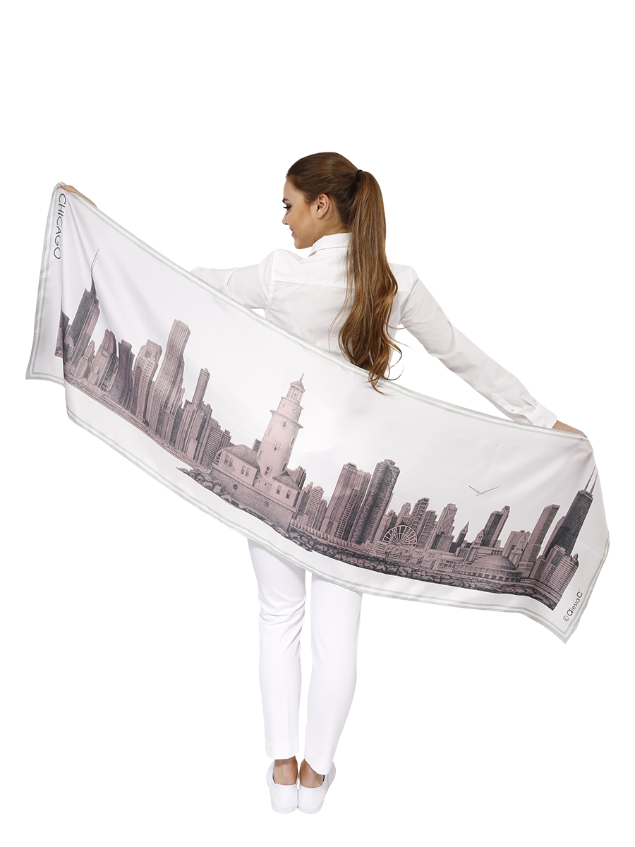 CHICAGO Skyline Art 100% Silk Stole Scarf in Blush White