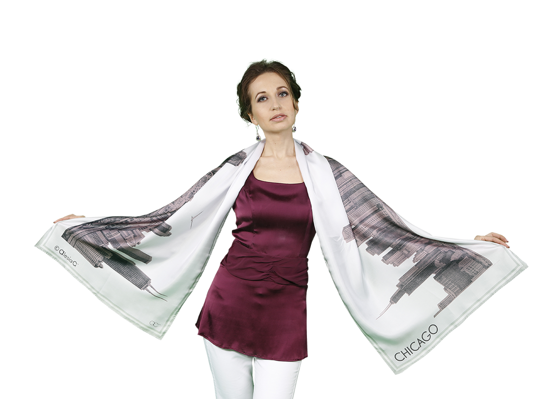CHICAGO Skyline Art 100% Silk Stole Scarf in Blush White