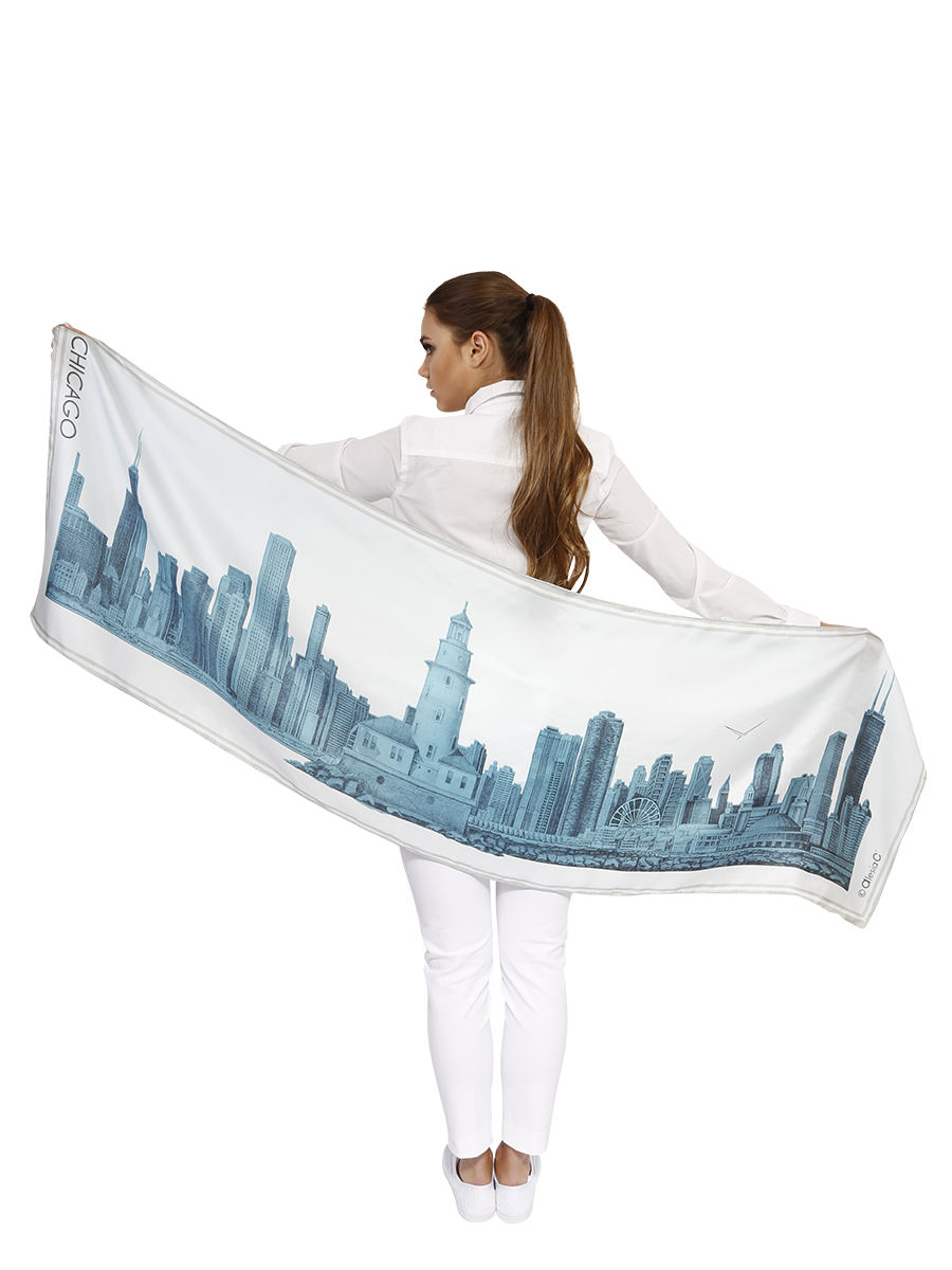 City of Chicago Skyline White Blue Silk Scarf for Ladies by Chicago Artist Alesia Chaika 