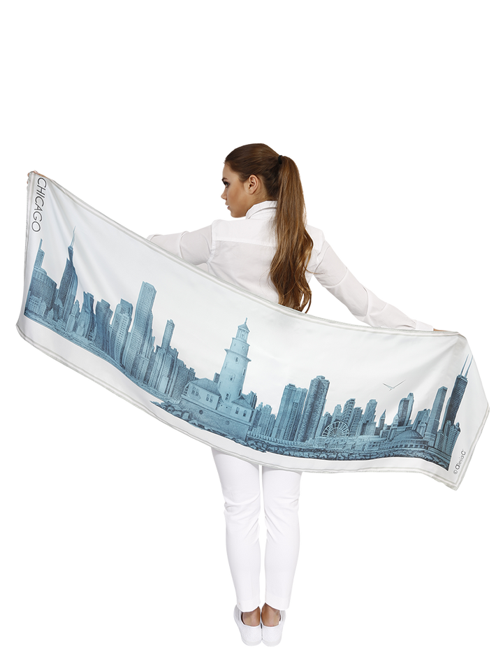 City of Chicago Skyline White Blue Silk Scarf for Ladies by Chicago Artist Alesia Chaika 