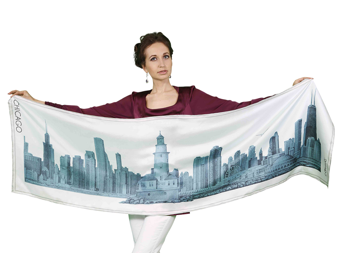 Beautiful Unique Gift Of Chicago Silk Scarves by Chicago Artist Alesia Chaika For Chicago City Lovers Travel Gift