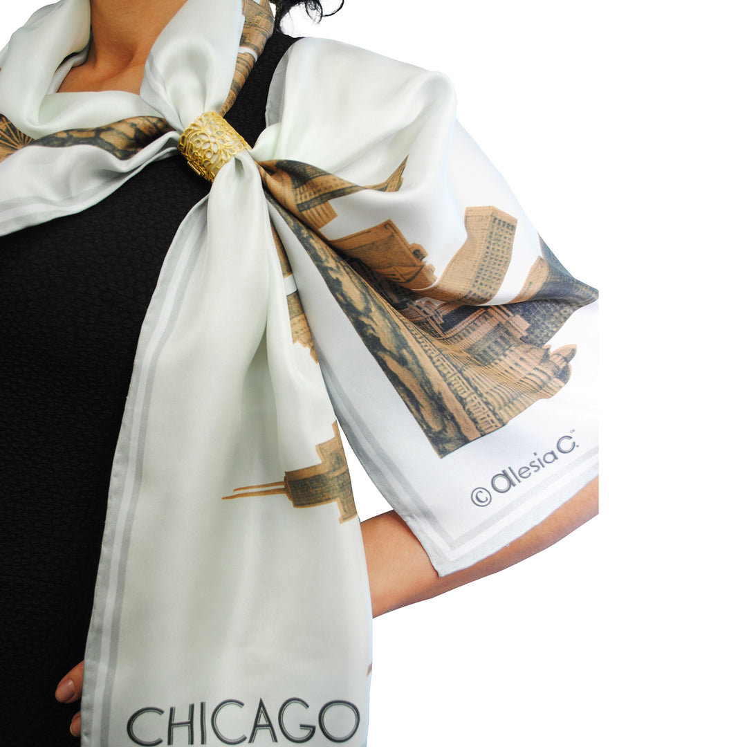 Chicago Executive Custom Gifts and Souvenirs Gold White Silk Scarf of Chicago Skyline Art by Chicago Artist Alesia C. Fashion Designer