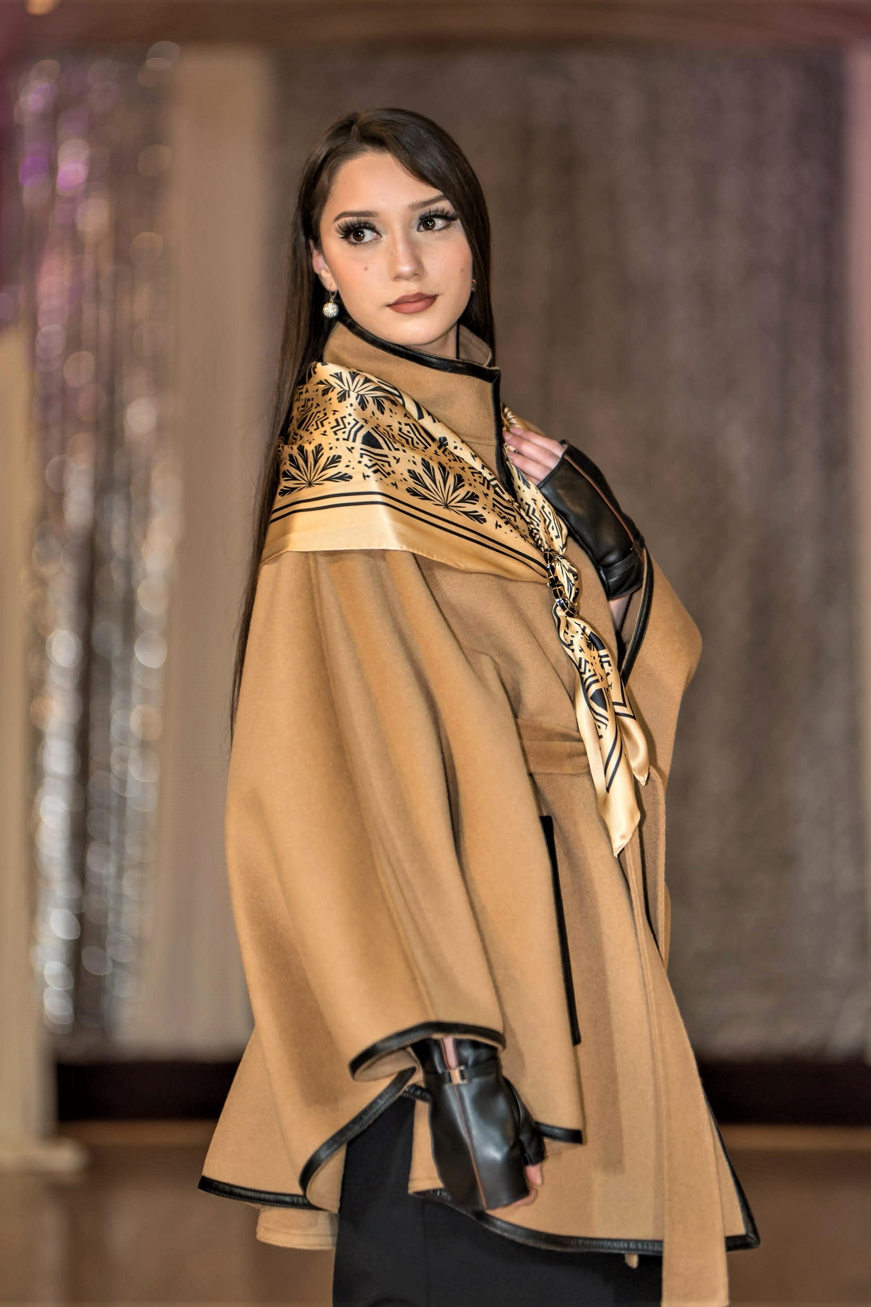 Kimono Camel Wool & Cashmere Cape Coat | Black Leather Trim Poncho