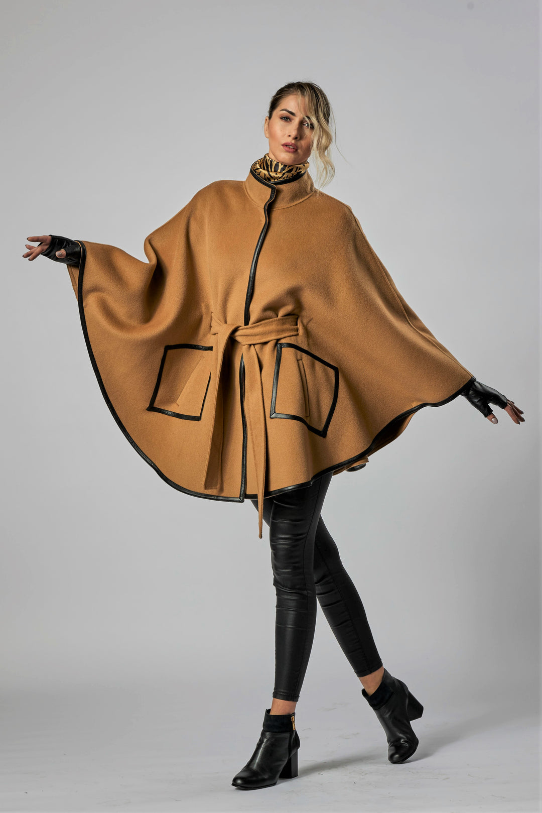 Camel wool and cashmere kimono cape coat with black leather trim