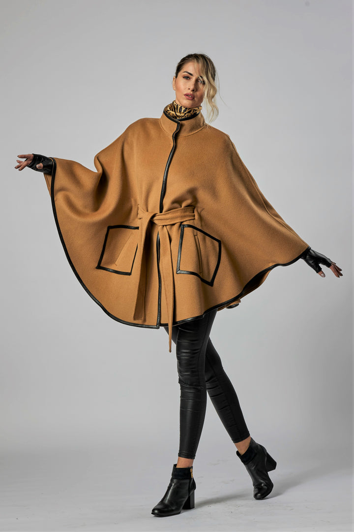Camel wool and cashmere kimono cape coat with black leather trim