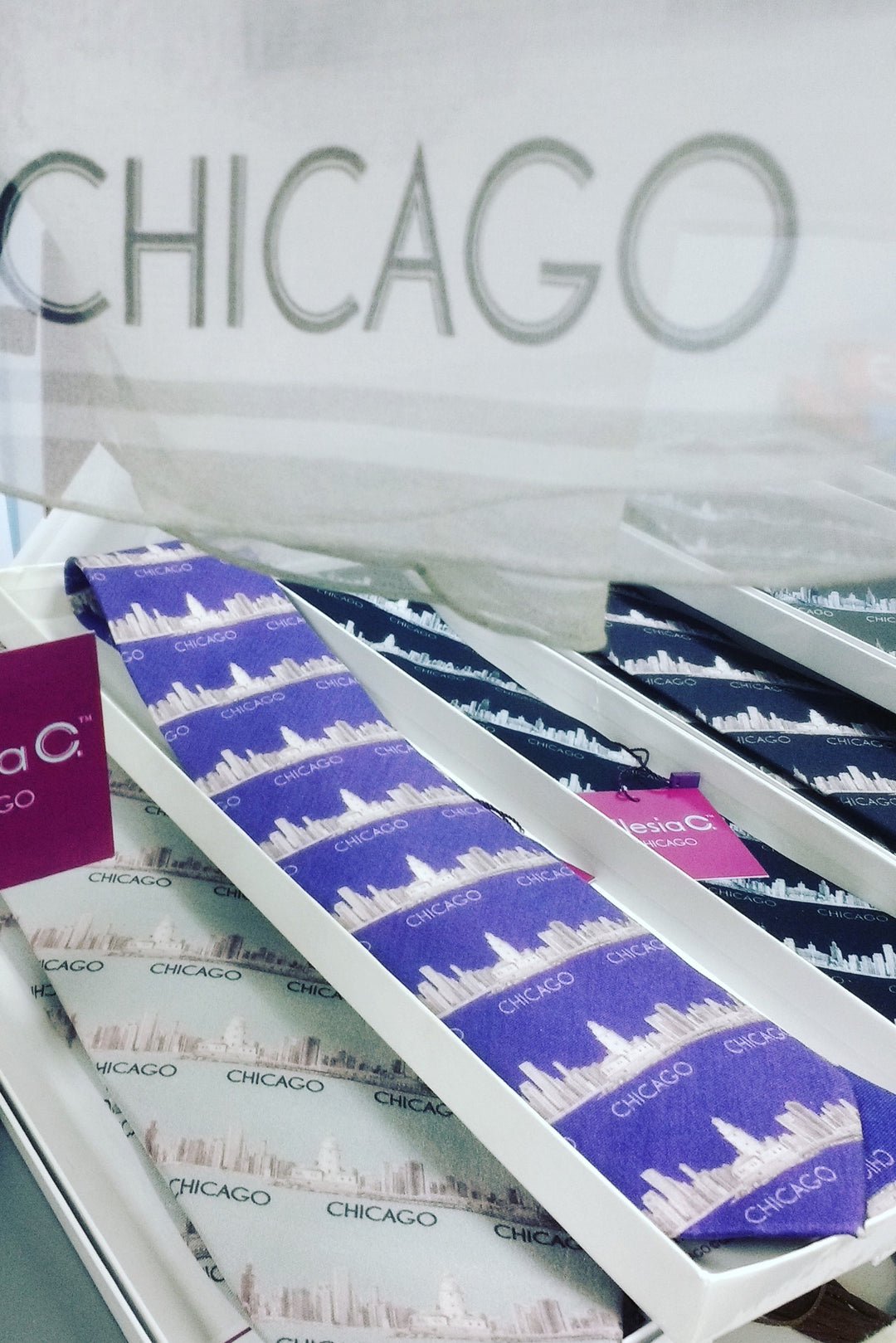 Chicago Skyline Corporate Custom Necktie Purple Beige Tie by Alesia C. Pencil Illustration of Chicago by Alesia C.