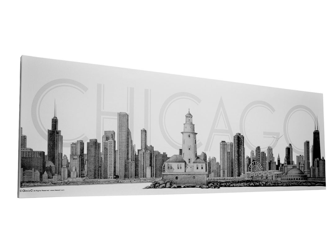 Chicago Giclee Framed Art Canvas Black and White Original Pencil Illustration Ready to Hang Office Decor Wall Art for Chicago Lovers by Alesia Chaika Alesia C.