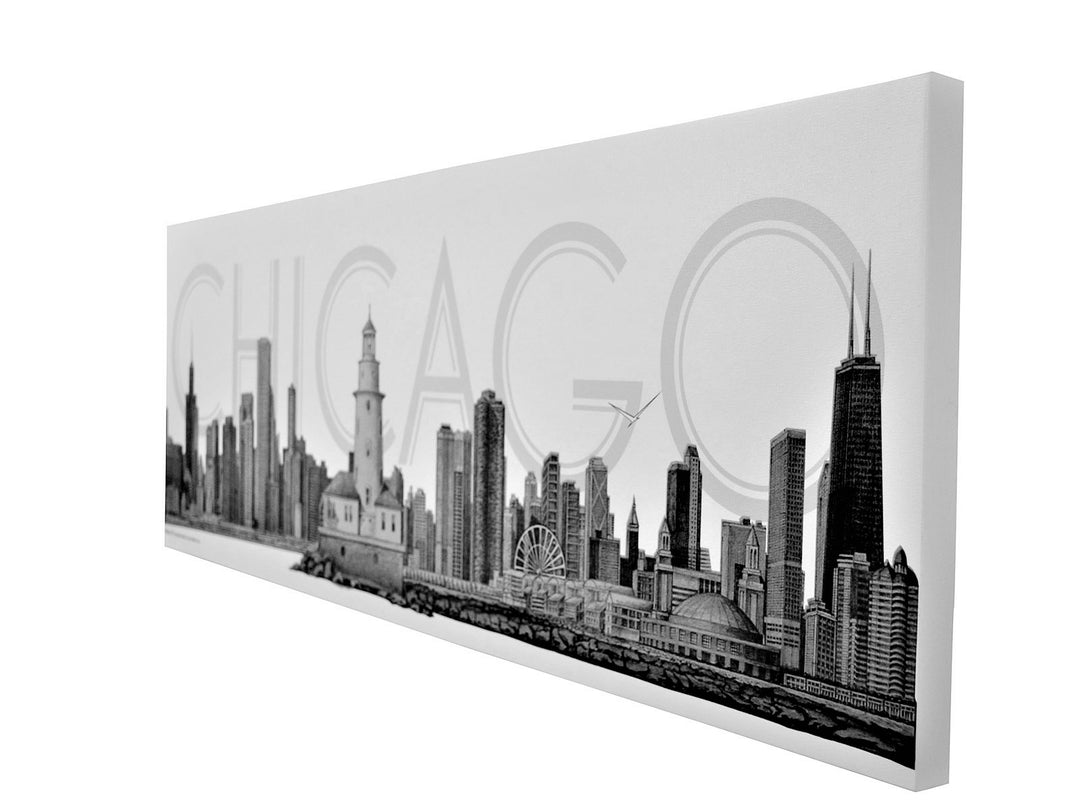 Historical Chicago Framed Art Canvas Black and White Original Pencil Illustration Ready to Hang Office Decor Wall Art for Chicago Lovers by Alesia Chaika Alesia C.