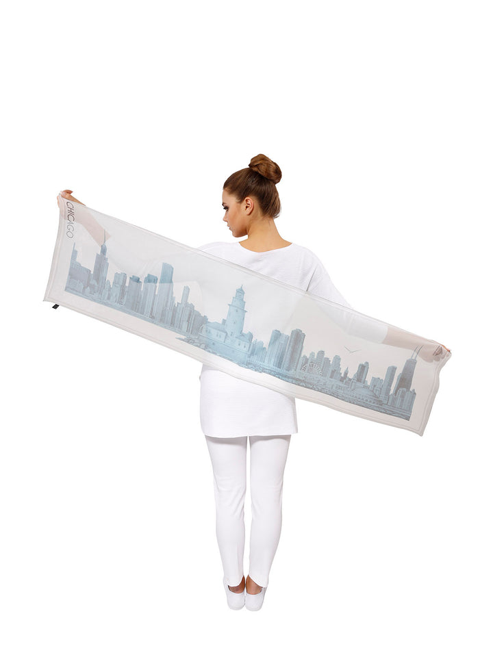 CHICAGO Skyline Art Pure Silk Georgette Scarf Blue White