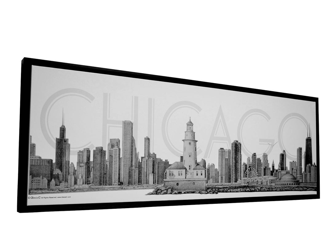 CHICAGO Skyline Framed Canvas Floating Black Frame,Copy of Fine Art Original PENCIL ILLUSTRATION by Alesia C.,Home Decor Office Wall Decor