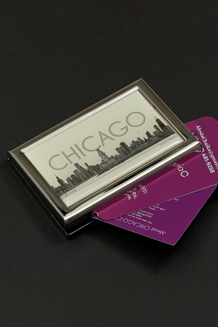Chicago Skyline Luxury Souvenir Gift RFID Block Metal Credit Card Holder Wallet Business Card Holder Chicago Artwork by Alesia Chaika