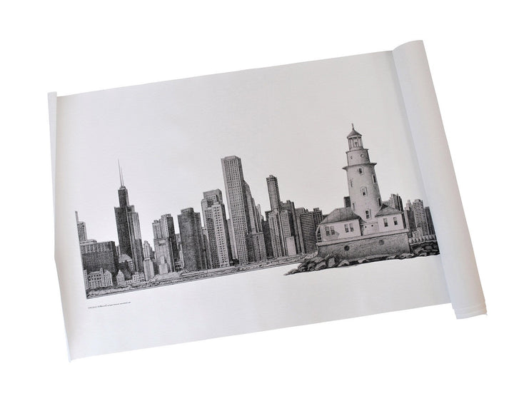 Chicago Skyline Drawing Hand Sketched Rolled Giclee Canvas Print in Black and White Home or Office Wall Art by Stepan Kalinouski Alesia C.