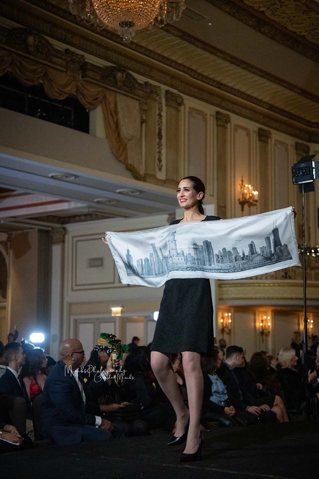 Chicago Skyline Wearable Art Fashion Show Palmer House Hilton by Artist Fashion Designer Alesia C. Chicago Painting on Silk