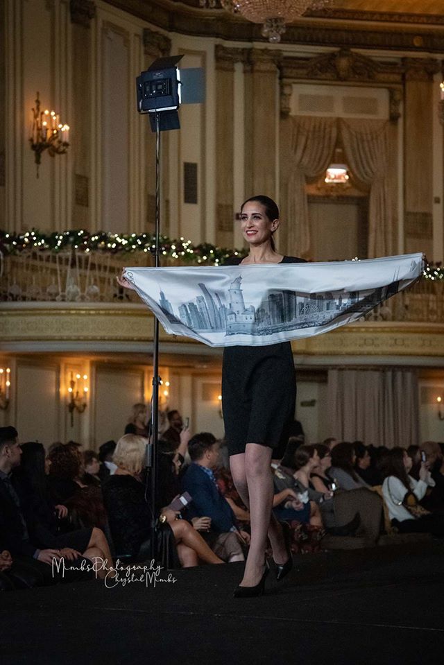 Chicago Skyline Wearable Art Fashion Show Palmer House Hilton by Artist Fashion Designer Alesia C. Chicago Painting on Silk