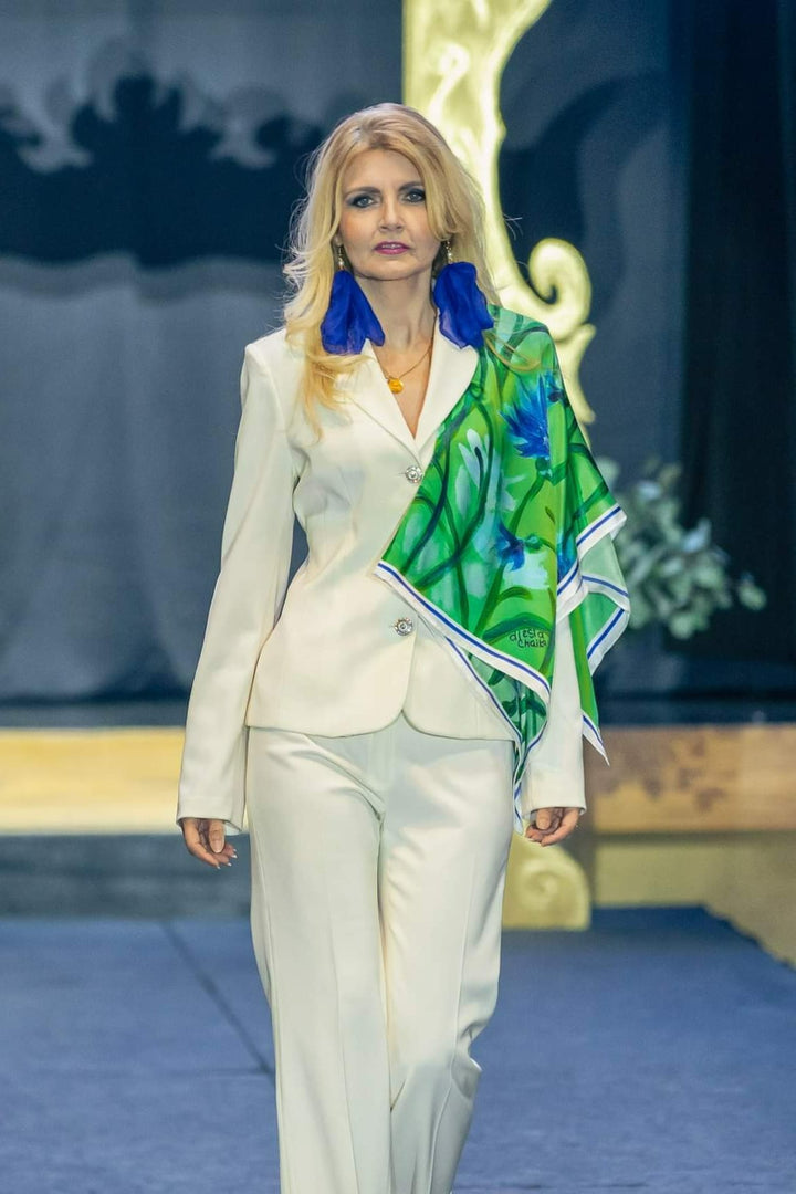 How To Style a silk scarf over your blazer. Featuring the CORNFLOWERS DREAM Royal Blue and Green Wearable Art 100% Pure Silk Scarf by Alesia Chaika. Copy of an original signed fine artwork on canvas.