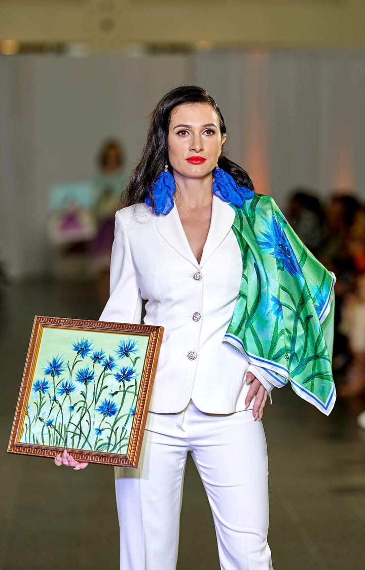 Showcasing at the Musem Of Contemporary Art Chicago theCORNFLOWERS DREAM Royal Blue and Green Wearable Art 100% Pure Silk Scarf by Alesia Chaika. Copy of an original signed fine artwork on canvas.