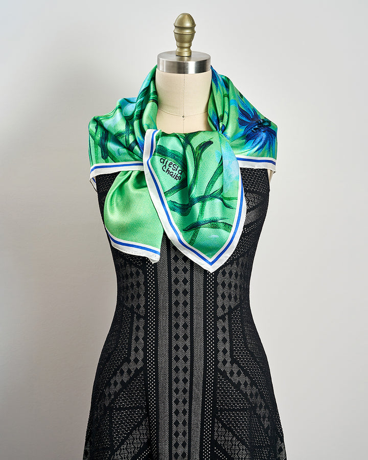 Showcasing at the Musem Of Contemporary Art Chicago theCORNFLOWERS DREAM Royal Blue and Green Wearable Art 100% Pure Silk Scarf by Alesia Chaika. Copy of an original signed fine artwork on canvas.