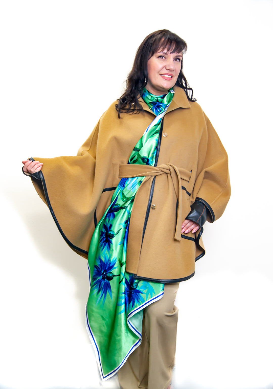 How To Style a silk scarf with Alesia Chaika camel wool cape coat poncho, over your wrist. Showcasing at the Musem Of Contemporary Art Chicago theCORNFLOWERS DREAM Royal Blue and Green Wearable Art 100% Pure Silk Scarf by Alesia Chaika. Copy of an original signed fine artwork on canvas.