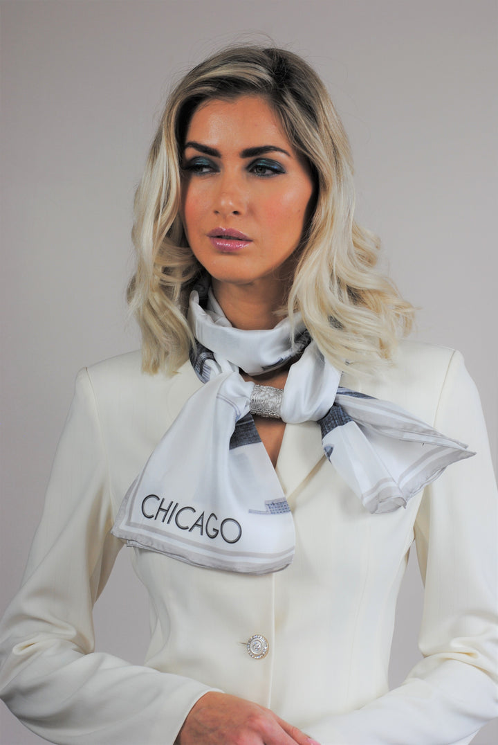 How To Wear Long Silk Scarf With Highland Scarf Charm Ring by Alesia Chaika Chicago Scarf