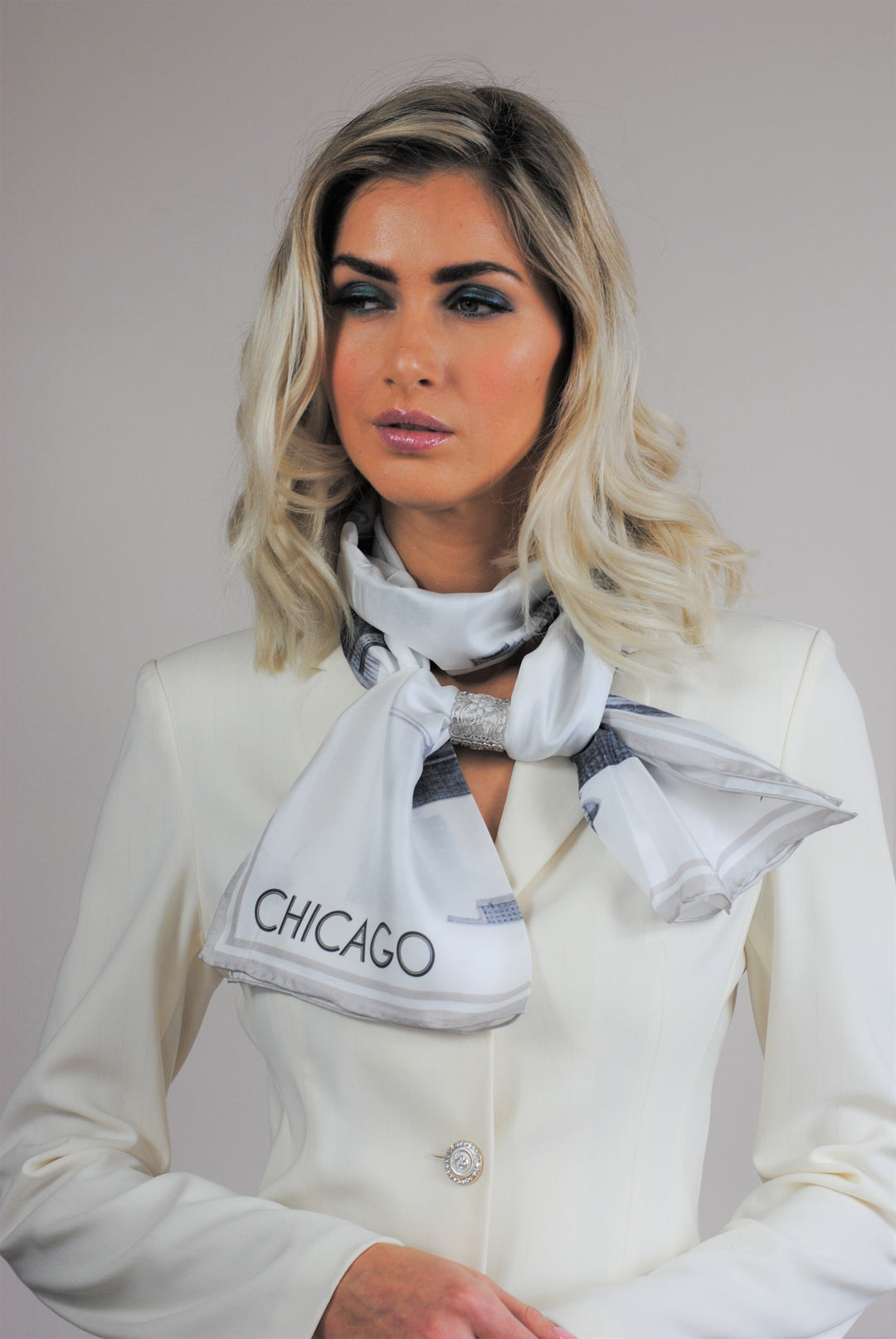 How To Wear Long Silk Scarf With Highland Scarf Charm Ring by Alesia Chaika Chicago Scarf