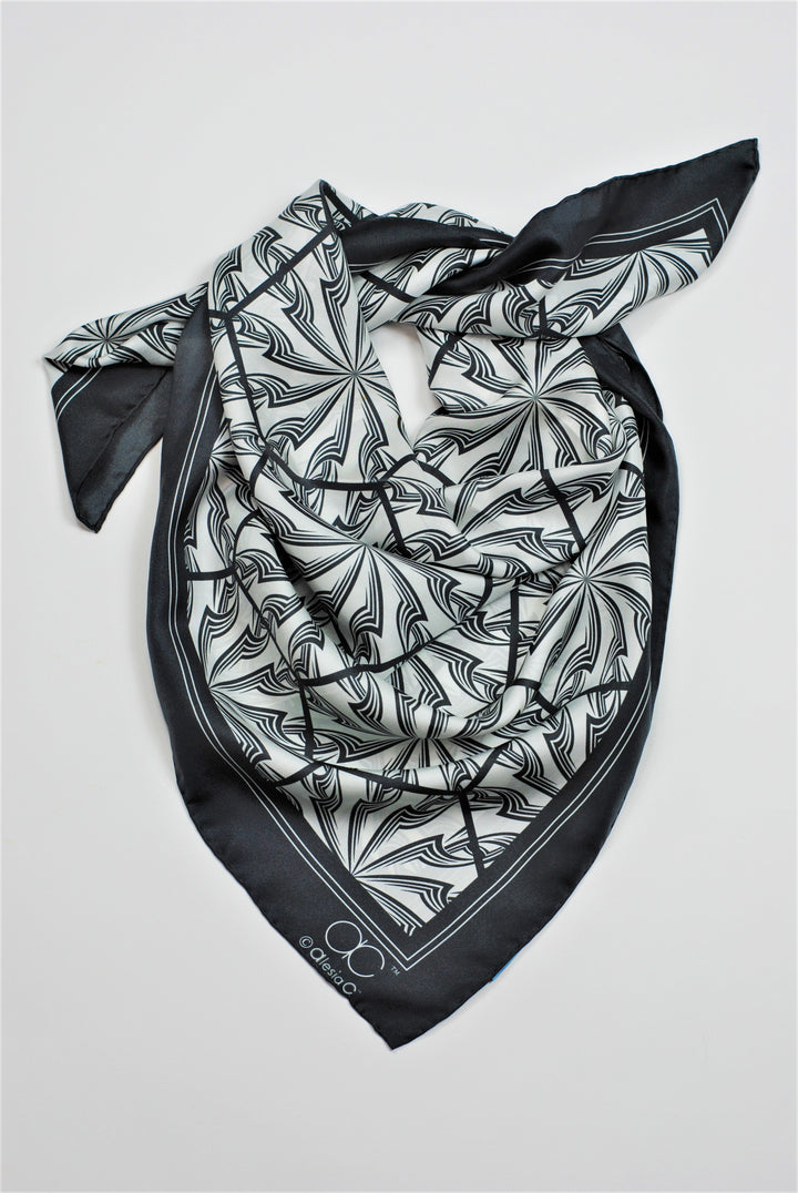 DANDELION SNOW Mandala 100% Silk Square Scarf in Black White