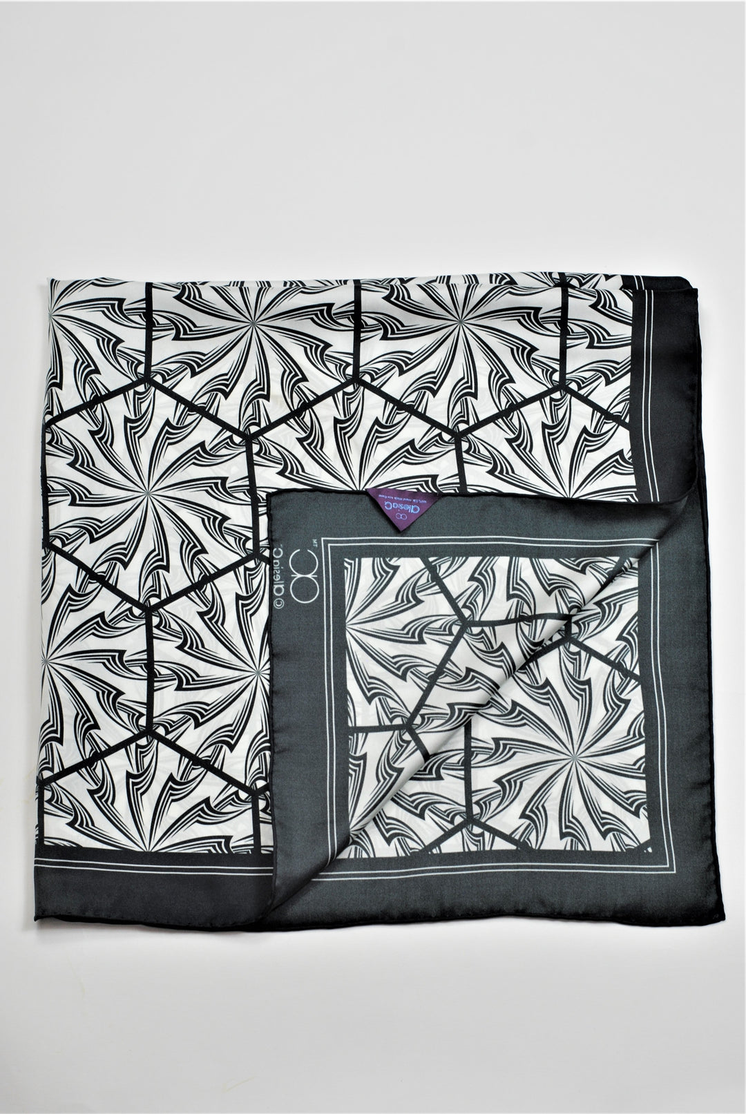 DANDELION SNOW Mandala 100% Silk Square Scarf in Black White