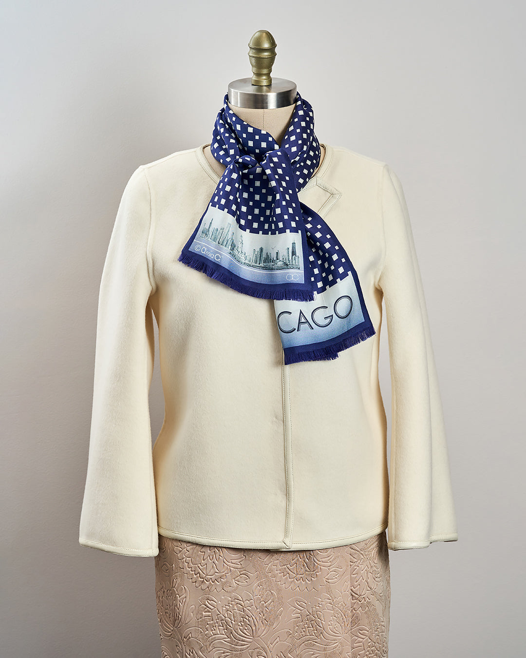 CHICAGO Skyline Art Pure Double Silk Scarf Navy Blue White Square Pattern by Alesia Chaika