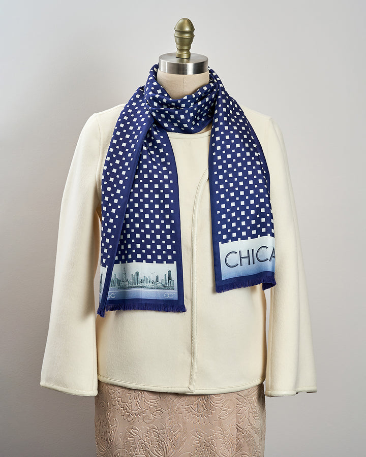 CHICAGO Skyline Art Pure Double Silk Scarf Navy Blue White Square Pattern by Alesia Chaika