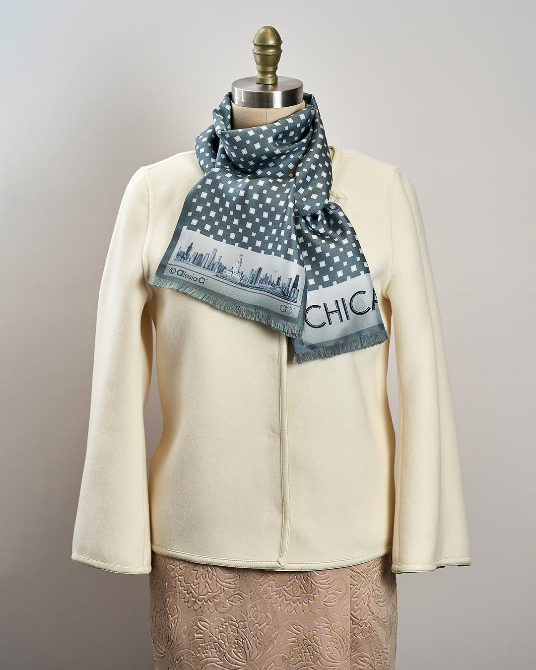 CHICAGO Skyline Art Long Pure Silk Scarf Gray White