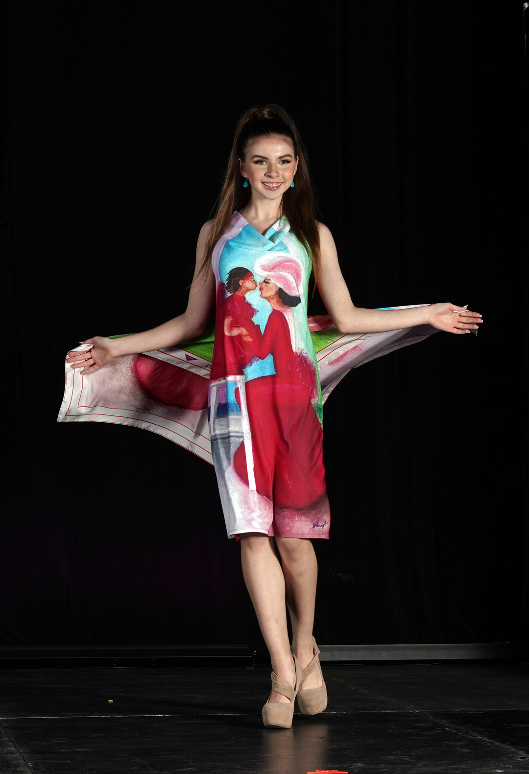Summer Bright Midi Dress With Sleeves Wearable Art YOU ARE THE BEST by artist Alesia Chaika Made In USA Featured at the Museum Of Contemporary Art Chicago Mom and Daughter Love Story