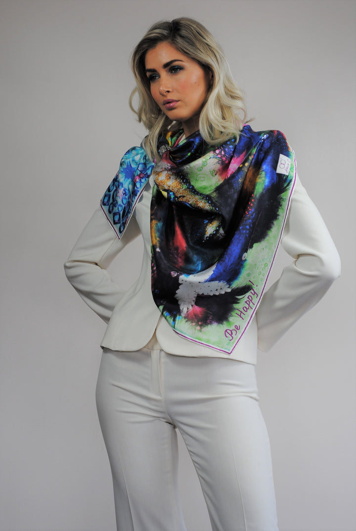 Fine Art Copy Best Gift For her BE HAPPY Wearable Art Pure Silk Scarf Bird Of happiness Bright 100% Silk Shawl by Chicago Fashion Designer Alesia Chaika