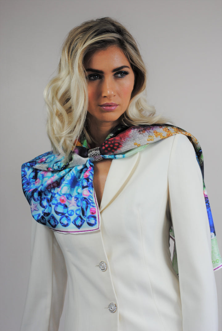 Fine Art Copy Best Gift For her BE HAPPY Wearable Art Pure Silk Scarf Bird Of happiness Bright 100% Silk Shawl by Chicago Fashion Designer Alesia Chaika
