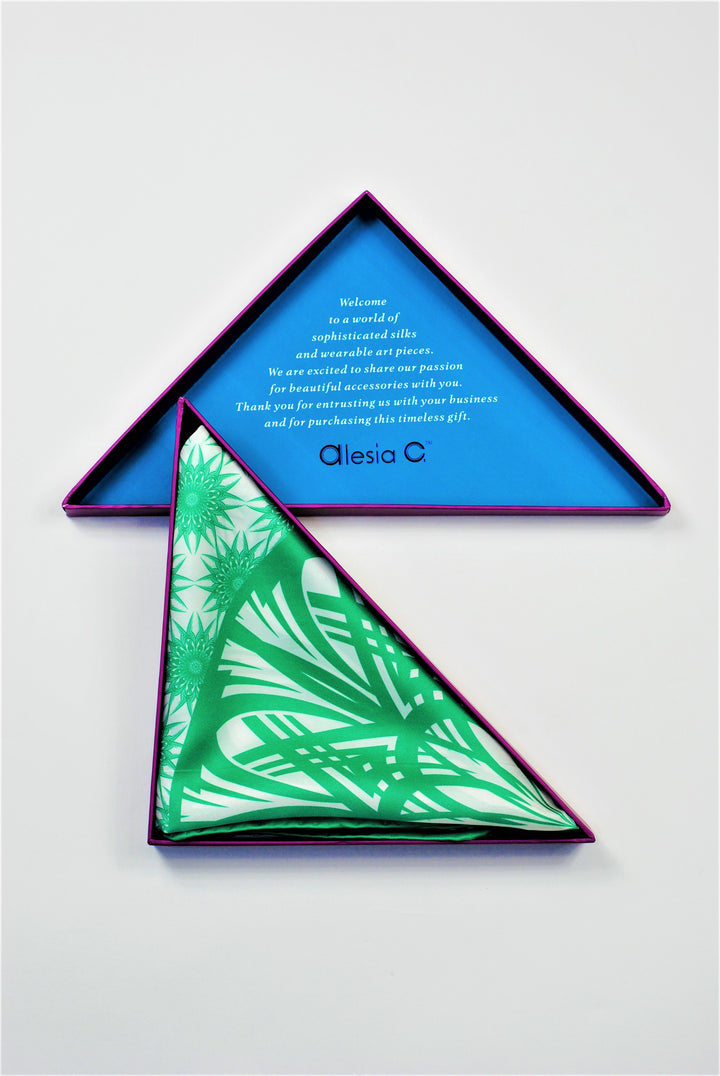 WISDOM Mandala Art Pure Silk Square Scarf in Green White by Alesia Chaika