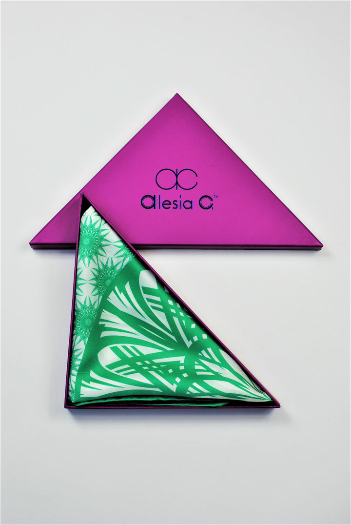 WISDOM Mandala Art Pure Silk Square Scarf in Green White by Alesia Chaika